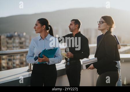 Multicultural business team brainstorming on rooftop at sunset Stock Photo