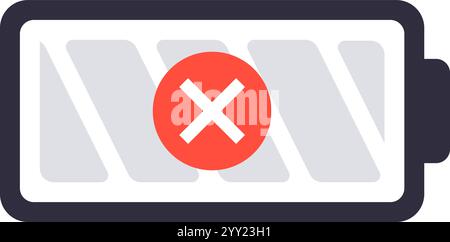 Empty battery icon with red cross sign indicating low power, symbolizing the need for charging or power source replacement for electronic devices Stock Vector