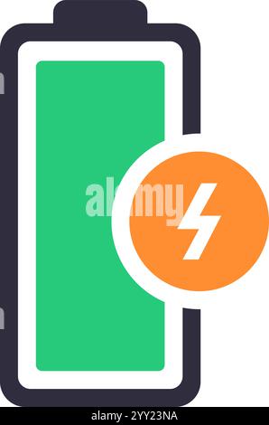 Battery icon charging, with green indicator and orange lightning bolt representing energy and power, ideal for illustrating charging process Stock Vector