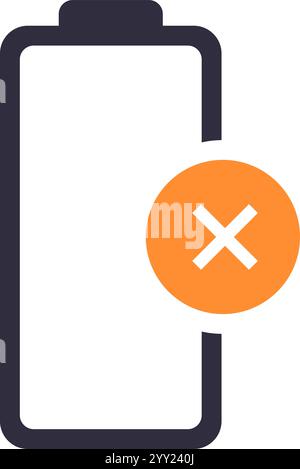 Simple and minimalist vector graphic of an empty battery icon with a prominent cross mark, symbolizing a critical power level or charging issue, set Stock Vector