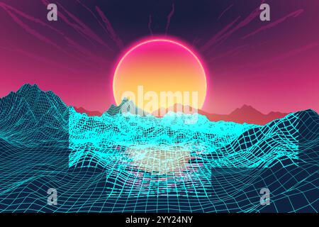 Retro futuristic landscape with neon wireframe mountains and glowing sunset in vibrant colors Stock Vector