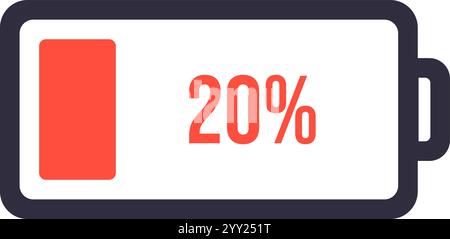 Battery icon displaying a 20 percent charge with a partially filled red bar within a battery symbol against a clean white background, representing Stock Vector