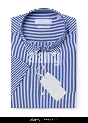 Folded short-sleeved shirt in stripes of blue and white isolated on a white background Stock Photo