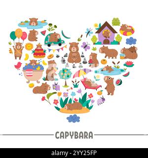 Vector capybara heart shaped frame with relaxed animals, frog, tangerines, fruit, flowers, butterfly. Capibara card template design for banners, invit Stock Vector