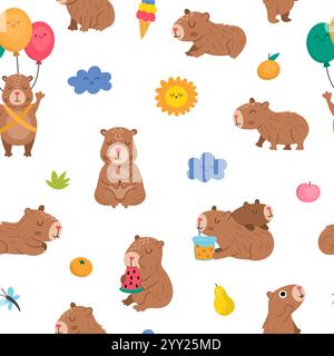Vector capybara seamless pattern. Cute capibara repeat background with sun, clouds, balloons, tangerines. Funny digital paper with meditating, sleepin Stock Vector
