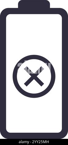 Simple battery icon with cross sign indicating low power, symbolizing the need for charging or replacement, ideal for user interfaces or energy Stock Vector