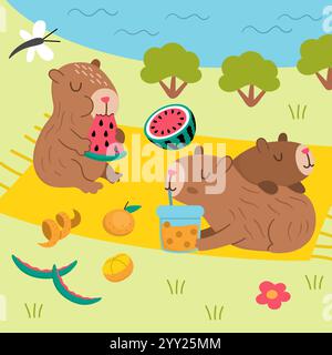 Vector capybara landscape illustration. Cute square scenery with capibaras sitting on each other and drinking bubble tea and eating watermelon near th Stock Vector