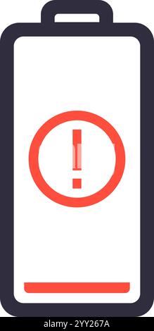 Red low battery warning sign appearing on an almost empty battery icon, indicating a critical power level and the need to recharge or replace the Stock Vector