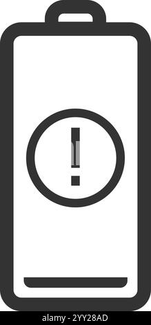 Simple battery icon depicting low charge, featuring an exclamation mark warning sign, presented as an isolated vector illustration on a clean white Stock Vector