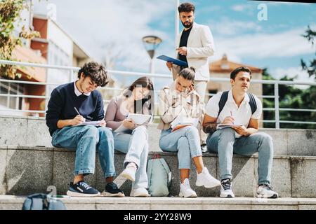 High school students collaborating outdoors with guidance from professor Stock Photo