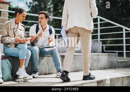 High school students collaborating with professor outdoors on campus Stock Photo