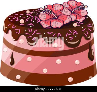 Chocolate cake with hibiscus flowers and decorations vector illustration Stock Vector