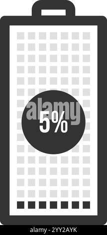 Simple battery icon with a charge indicator showing 5 percent remaining, visualized as a grid with a dark circle and percentage inside, on white Stock Vector