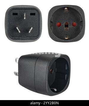 Adapter adapter adapter from CN to European socket EU, on white background in insulation, in different designs. Stock Photo