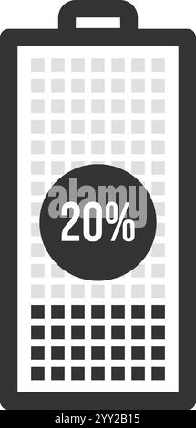 Minimalist vector illustration featuring a battery icon displaying a 20 percent charge level, representing low power and highlighting the urgent need Stock Vector
