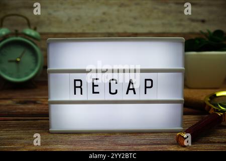 RECAP letterboard text on LED Lightbox on wooden background, business and communication concept background Stock Photo