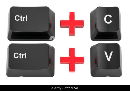 Ctrl C and Ctrl V computer keyboard buttons. Keyboard shortcuts, 3D rendering isolated on white background Stock Photo
