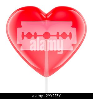 Heart shaped lollipop with double edge razor inside, danger love concept. 3D rendering isolated on white background Stock Photo