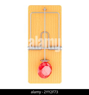 Mousetrap with red gem, top view. 3D rendering isolated on white background Stock Photo