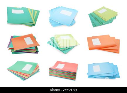 Many different notebooks on white background, set. School stationery Stock Photo