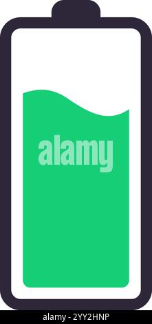 Simple battery icon showing charging status with green liquid filling half of its capacity, representing energy, power, and electricity levels Stock Vector