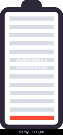 Minimalist vector illustration featuring a stylized battery icon with low charge indicator, symbolizing critical power level and urgent need for Stock Vector