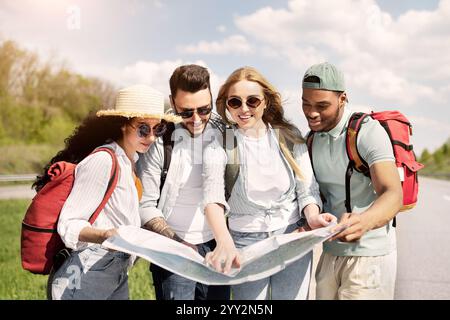 Group of best friends with backpacks checking map during road trip, hitchhiking on highway Stock Photo