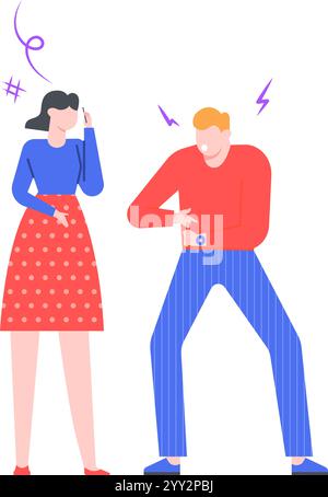 Impatient man angrily pointing at his wristwatch while waiting for a late woman talking on the phone, concept of lack of punctuality and disrespect Stock Vector