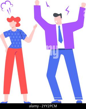 Office conflict unfolding between two colleagues, with a businessman yelling at his female coworker, who is visibly annoyed by his aggressive behavior Stock Vector
