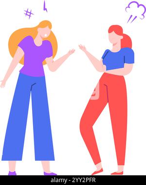 Two female colleagues having a heated discussion, gesturing with hands and expressing their disagreement, one of them is getting angry, conflict and Stock Vector