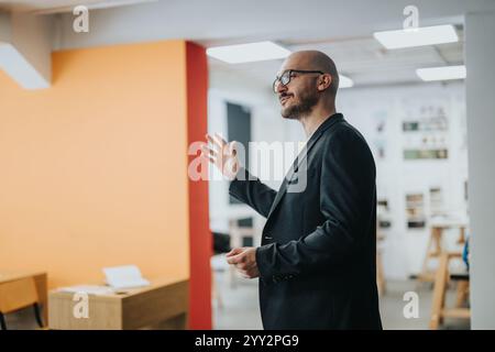 Teacher engaging with high school students in modern classroom setting Stock Photo