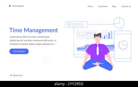 Businessman meditating in lotus position surrounded by charts and graphs, symbolizing effective time management, work life balance, and mindfulness in Stock Vector