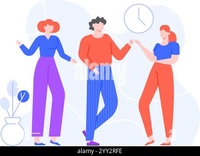 Office workers having a conversation during a meeting, discussing work related topics, with a clock symbolizing time management and deadlines Stock Vector