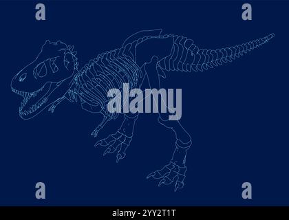 Tyrannosaurus rex or t rex dinosaur outline isolated on blue. Contour style vector illustration. Isometric view Stock Vector