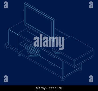 TV cabinet interior with decorative elements, books. Contour vector illustration on blue background. Isometric view Stock Vector