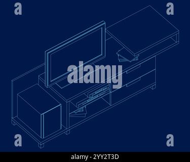 TV cabinet interior with decorative elements, books. Contour vector illustration on blue background. Isometric view Stock Vector