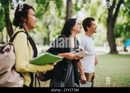 Multicultural students collaborating on school tasks outdoors in the park Stock Photo