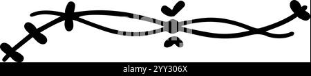 Double curved lines intersect and intertwine, adorned with hand drawn crosses and check marks, forming a unique decorative border on a white Stock Vector