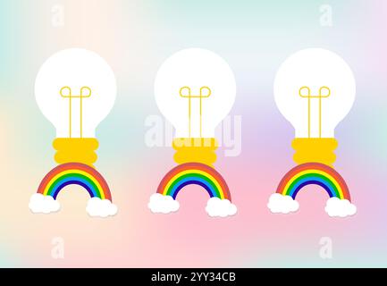 Three lights of idea and colorful rainbow with soft white Clouds, with space for text design Stock Vector
