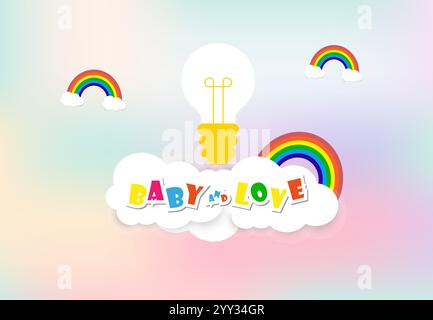 Three rainbow and Light of idea with soft white Clouds, with space for text, kids and family love concept banner design Stock Vector