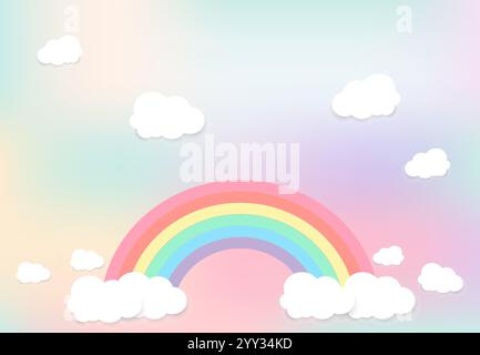 Pastel Rainbows With smooth white Clouds on gradient pastel Vector Illustration Stock Vector