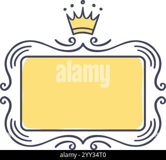 Hand drawn frame featuring a crown, swirls, and a yellow background, creating a regal and luxurious design perfect for invitations, logos, or branding Stock Vector