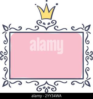 Hand drawn pink rectangular frame featuring a golden crown and elegant decorations, perfect for adding a touch of royalty and sophistication to any Stock Vector