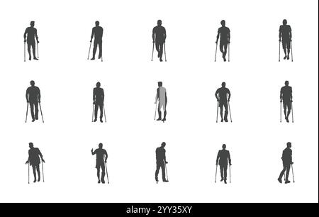 People with crutch vectors, People with crutch silhouette, Patient with crutches silhouette, Patient with crutches logo, People with crutch vector set Stock Vector