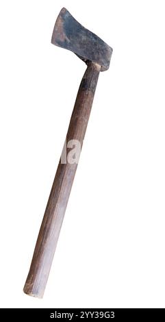 Old rust dirty dark gray axe with brown wooden handle is isolated on white background with clipping path. Stock Photo