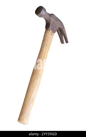 Small old hammer with wooden handle is isolated on white background with clipping path. Stock Photo