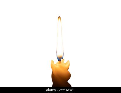 A single burning candle flame or light glowing on a small spiral white candle is isolated on white background with clipping path. Stock Photo