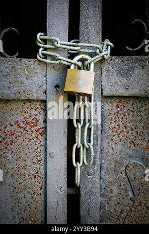 Old locked iron gate secured with a padlock and chain, seen close up. Stock Photo