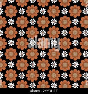 Seamless floral vector pattern with brown and white flowers on black background for fashion, clothing, textile, stationary, packaging and other print. Stock Vector