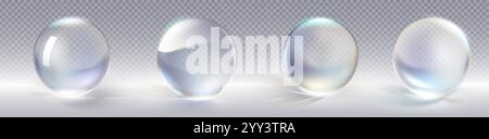 Glass ball 3D collection on transparent background with light reflection and rainbow refraction effects. Realistic white spheres with optical distortion for graphic design and gaming assets. Stock Vector
